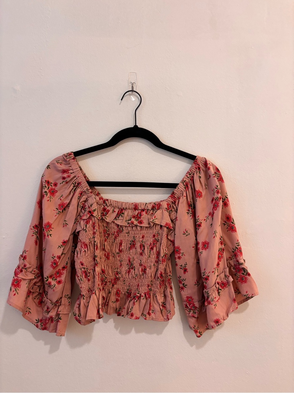 Angie Pink Floral Smocked Off-Shoulder Crop Top